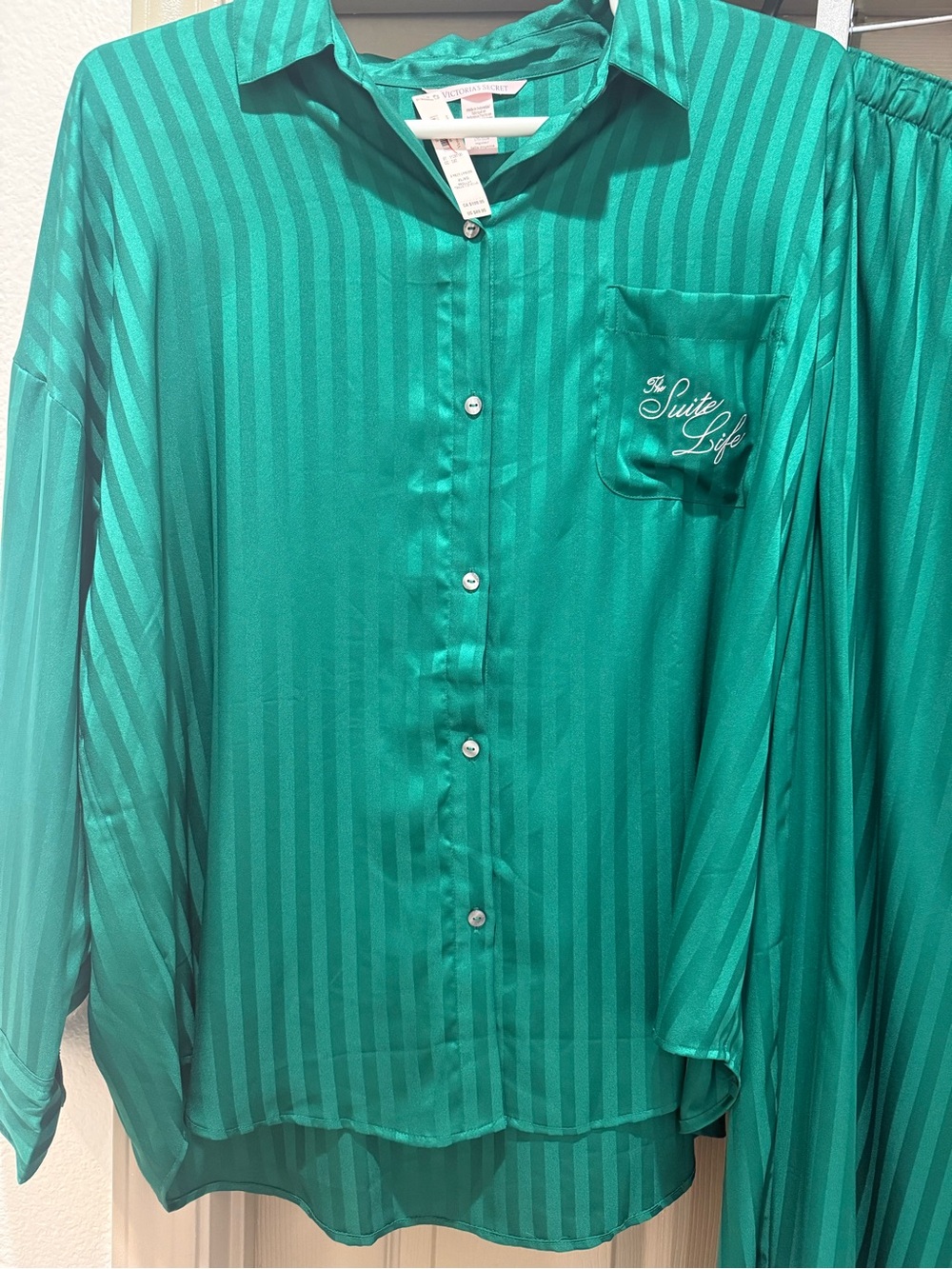 NWT Victoria's Secret Green Striped Satin Pajama Set with Pink Ribbon - Picture 3 of 4